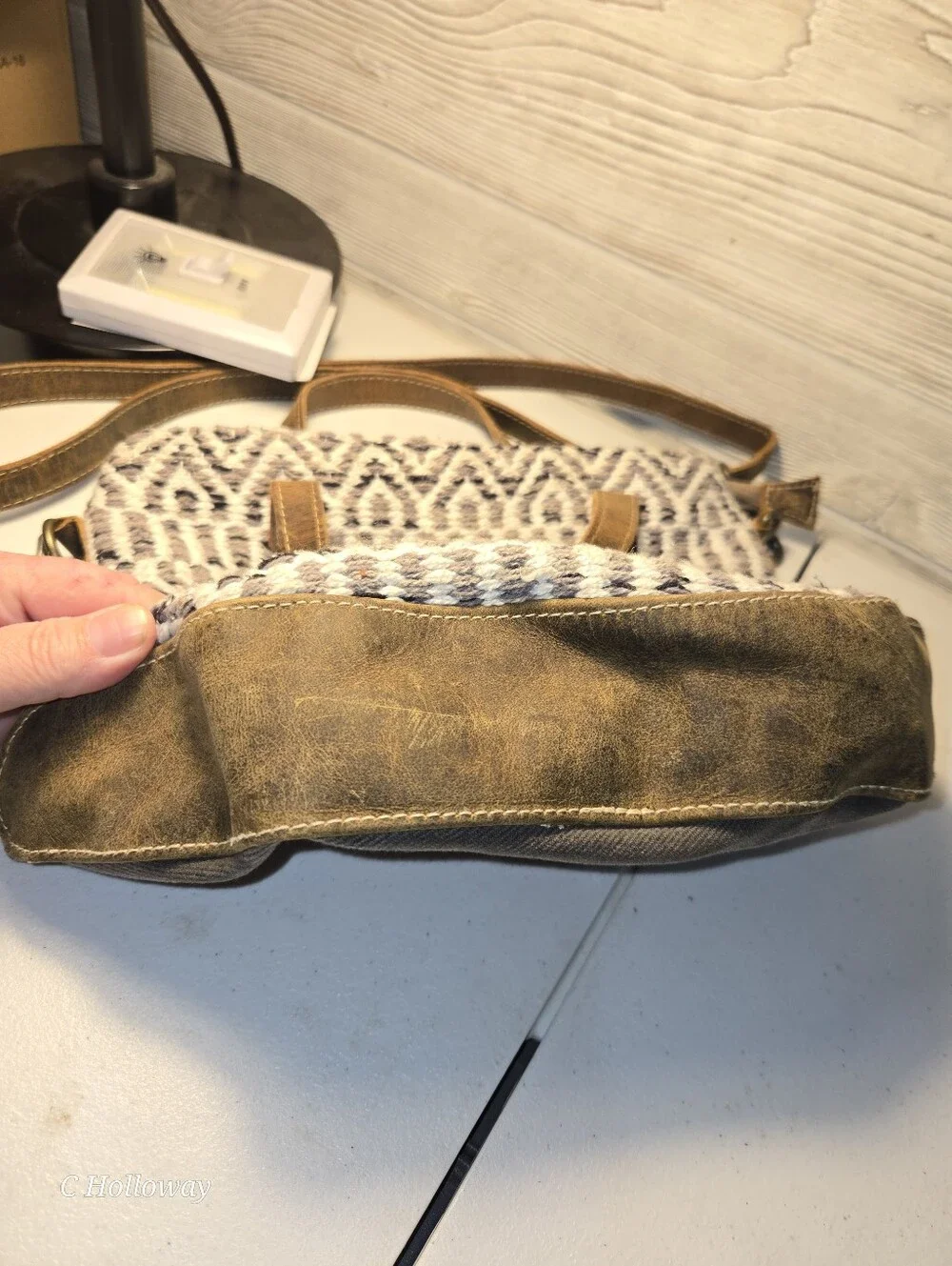 Myra Bag Grey And Cream Cotton Rug Design W/leather Trim Crossbody